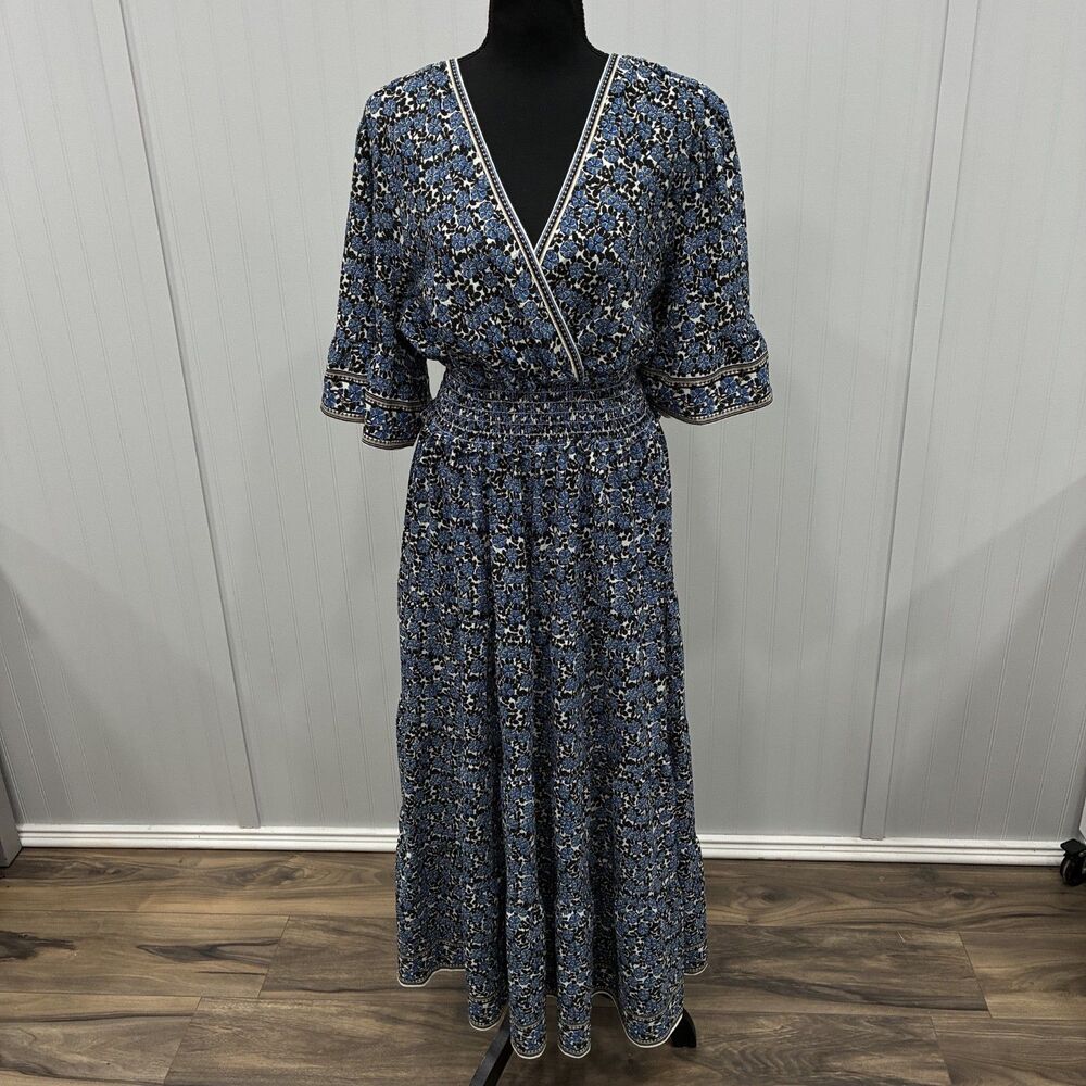 Max Studio Blue Black Floral V-Neck Smocked Waist Maxi Dress Womens Size S